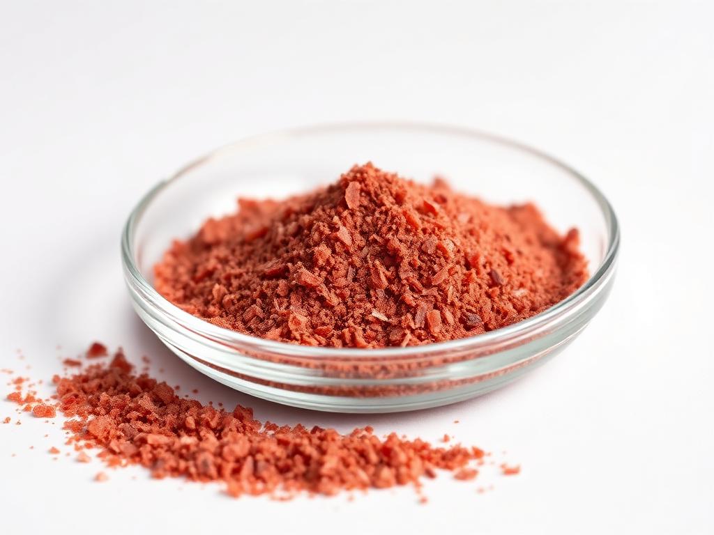 Brick-red Chevreul's Salt copper sulfite crystals in a glass dish