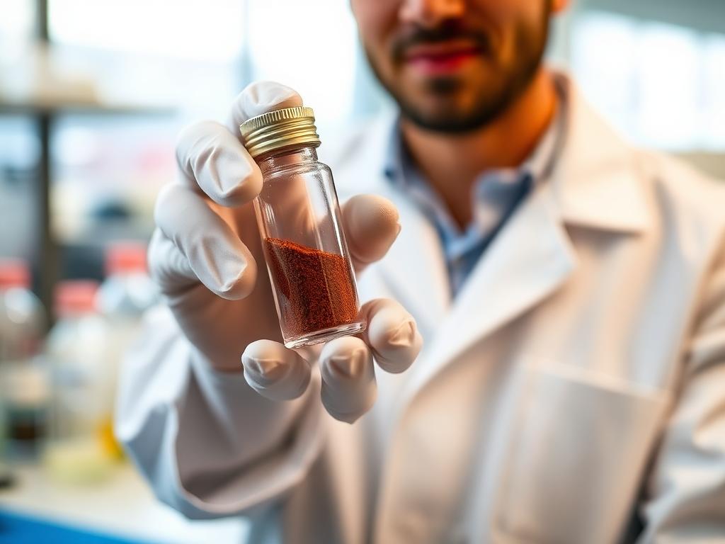 Chemist holding a vial of Chevreul's Salt in a quality control lab