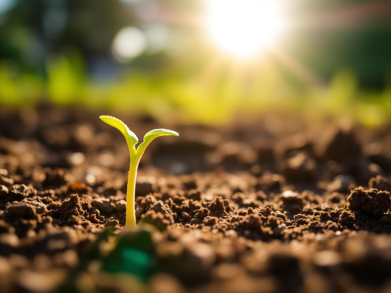 Seedling in soil at sunrise