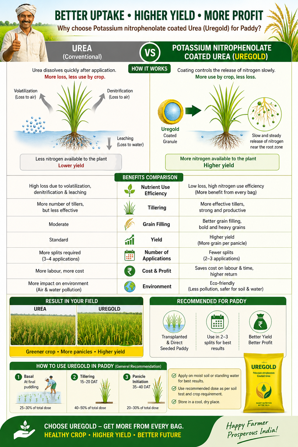 Infographic comparing conventional urea vs UREGOLD Potassium Nitrophenolate coated urea — better nutrient use efficiency, more effective tillering, better grain filling, higher yield, fewer applications, lower cost and lower environmental impact for paddy